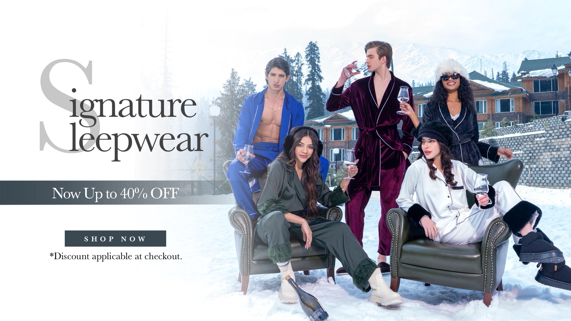 Promotional advertisement for signature sleepwear with people in winter clothing and a discount offer.